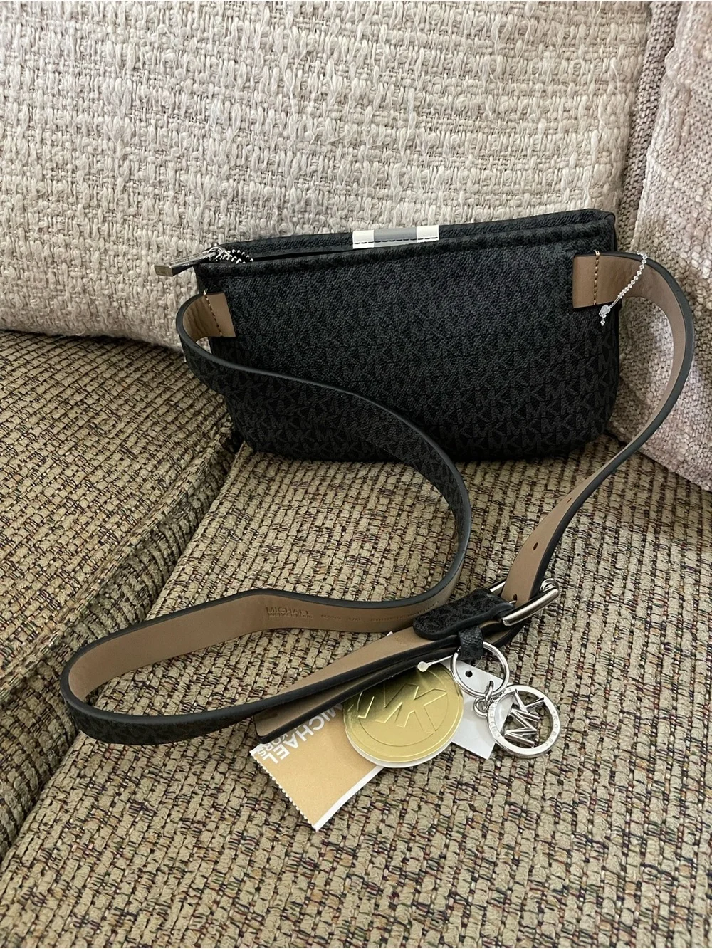 Michael Kors Womens Belt Bag-Black w/ Gray & White Stripe,Adjustable Waist,L/XL
